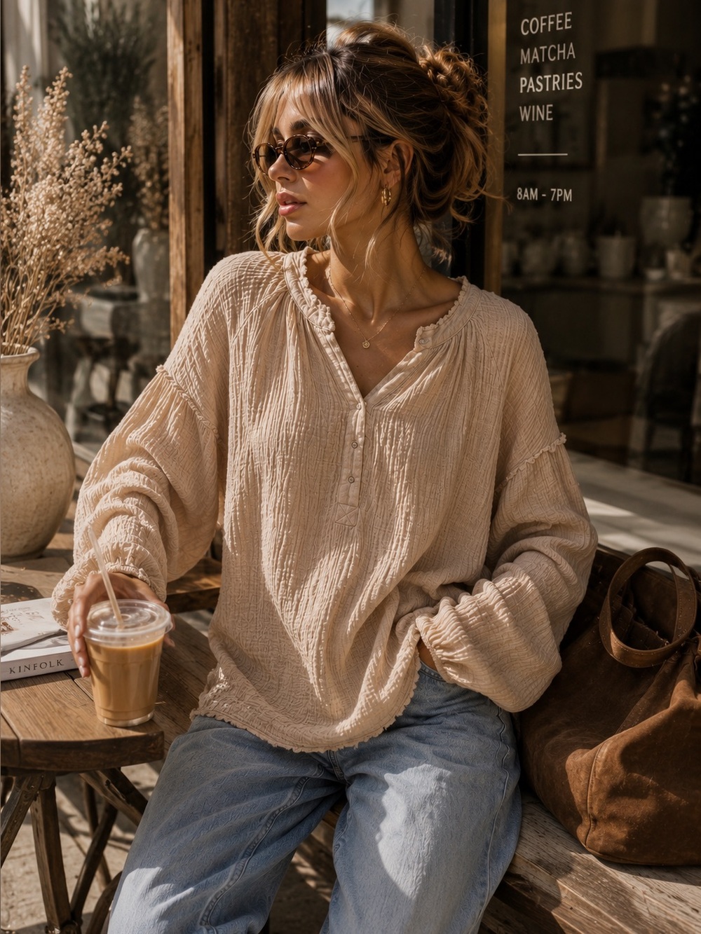 Promesa Cotton Gauze Oversized Henley Top Cream M